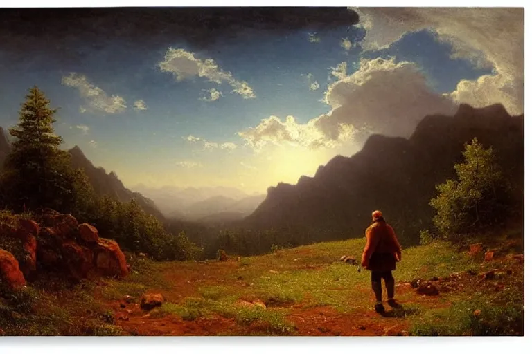 Image similar to a traveler wandering trough the mountains looking at the clouds, very detailed, focused, oil painting, cinematic lighting, albert bierstadt, trending on artstation, colorful, canvas, sunset, hans dahl, theodor kittelsen, hermann hendrich, national geographic, Konstantin Yakovlevich Kryzhitsky,