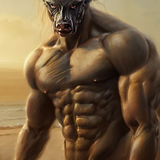 Image similar to portrait of a muscular half man half horse mutant creature on the beach,digital art,ultra realistic,ultra detailed,art by greg rutkowski,hyperdetailed,anthropomorphic,photorealistic,trending on artstation,deviantart,SFW