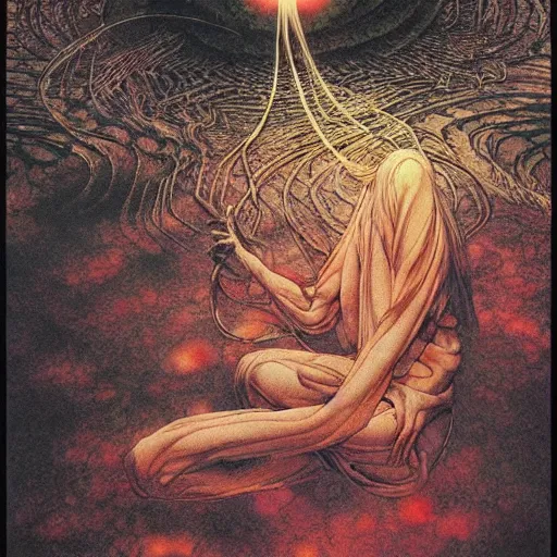 Image similar to simple concept art of an ancient alien floating in a dark room, an award winning yoshitaka amano digital art poster, by james gurney and gerhard richter. art by takato yamamoto. masterpiece, deep colours.