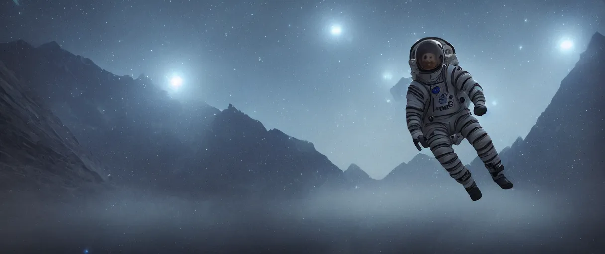 Prompt: close - up portrait of space astronaut flying inside himalaya mountains lake, small foggy and gloomy, blue helmet lights, 6 0 mm full - frame, bokeh background, highly detailed science fiction illustration by jeremy geddes. photorealistic, octane render, hyper detailed, 8 k, movie still, artstation, unreal engine