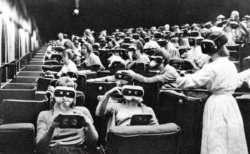 Image similar to 1 9 0 0 s photo of people using iphones ipods virtual reality headsets vr in a movie theater masterpiece