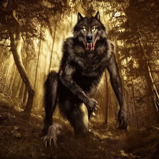 Image similar to werecreature consisting of a wolf and a human, photograph captured in a dark forest