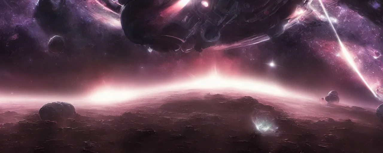 Prompt: dark galaxy panorama in space by wayne barlowe, realistic lighting, dynamic lighting, octane render