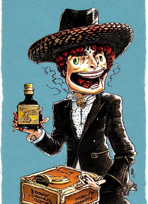 Image similar to portrait of a snake oil salesman wearing a snake suit and wide brimmed hat offering you a bottle of serum formula, art by Kentaro Miura, it idn't greasy