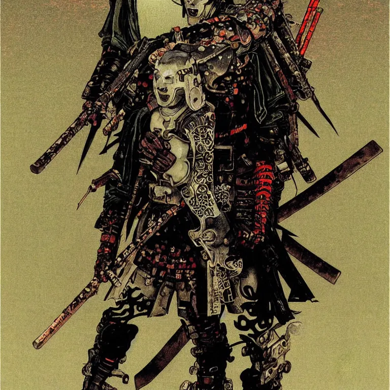 Image similar to cursed illustration of beautifully ominous cyberpunk warrior, manga style of kentaro mirua, by norman rockwell, weirdcore