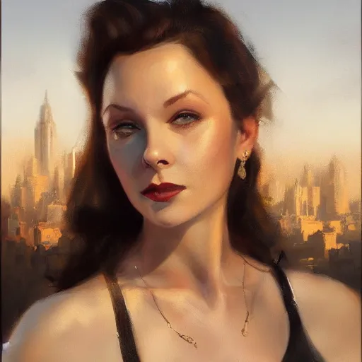 Prompt: closeup portrait of a young vivian leigh, seductive smile, chiaroscuro, city background, golden hour, dramatic lighting, warm cold contrast, high detail, painted by greg rutkowski, painted by igor kieryluk, trending on artstation