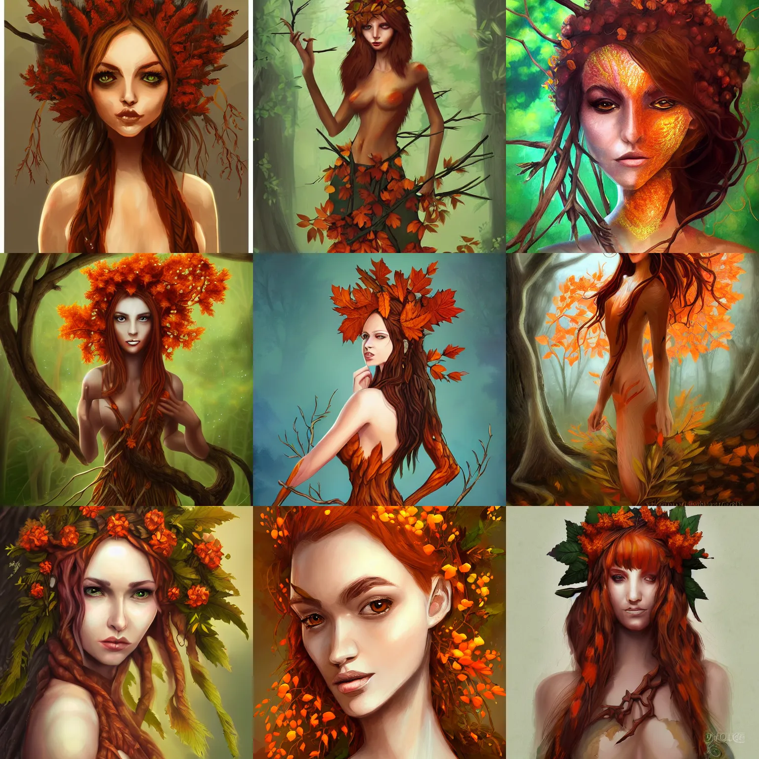 Prompt: A beautiful digital painting of a Dryad with twigs, orange and brown leaves for hair, d&d, fantasy art, trending on artstation