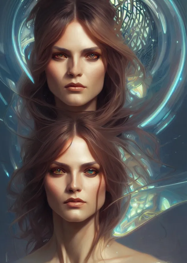 Image similar to futuristic woman portrait, sci-fi, amber eyes, face, long hair, fantasy, intricate, elegant, highly detailed, digital painting, artstation, concept art, smooth, sharp focus, illustration, art by artgerm and greg rutkowski and alphonse mucha