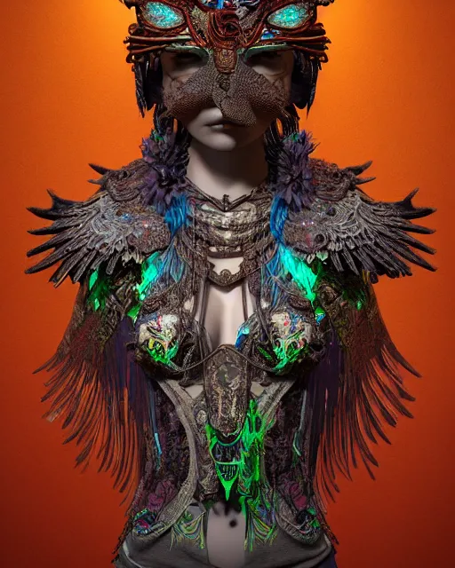 Prompt: 3 d warrior goddess medium shot portrait. beautiful hyperrealistic intricate highly detailed magpie helm and richly embroidered blouse, quetzalcoatl, bioluminescent, curious, kintsugi, plasma, lava, ice, feather, artwork by tooth wu and wlop and chiara bautista, octane 3 d render