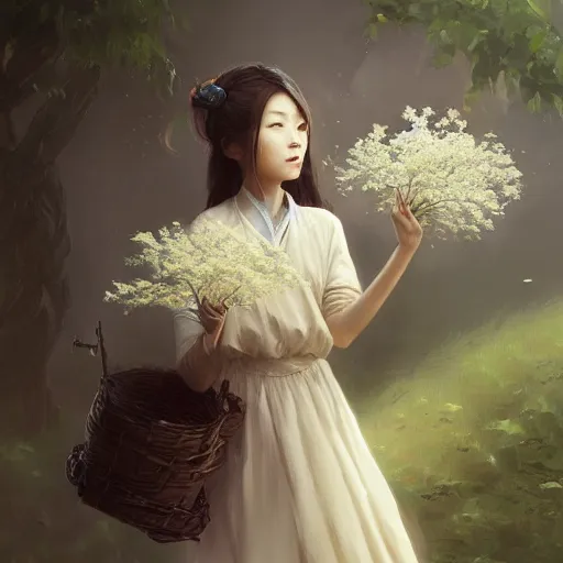 Image similar to Concept art, Chinese girl holding jasmine flowers, 8k, james gurney, greg rutkowski, john howe, artstation