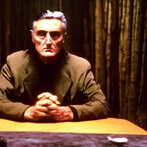 Image similar to Film still of Dennis Hopper in Twin Peaks (1990), evil spirit in the Black Lodge from Twin Peaks (1990 tv series), eerie photography, lynchian