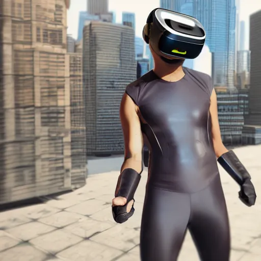 Image similar to Super hero wearing a virtual reality headset in big city, render, ray tracing