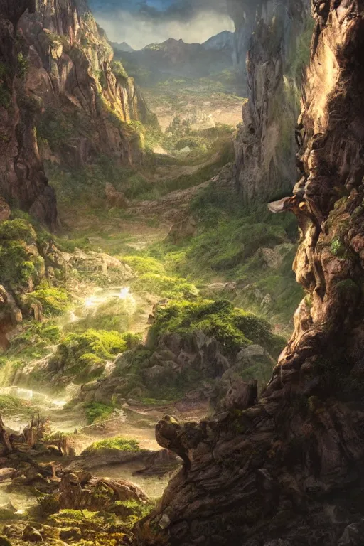 Image similar to the lost valley, landscape, alex ross, david finch, concept art, matte painting, highly detailed, rule of thirds, dynamic lighting, cinematic, detailed, denoised, centerd