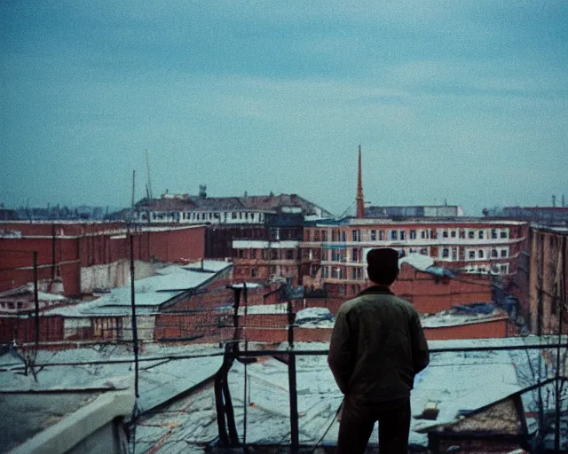 Image similar to lomo photo of man standing on the roof of soviet hrushevka, small town, cinestill, bokeh, out of focus