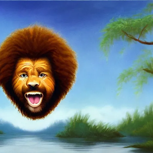 Image similar to bob ross screaming chasing after lion