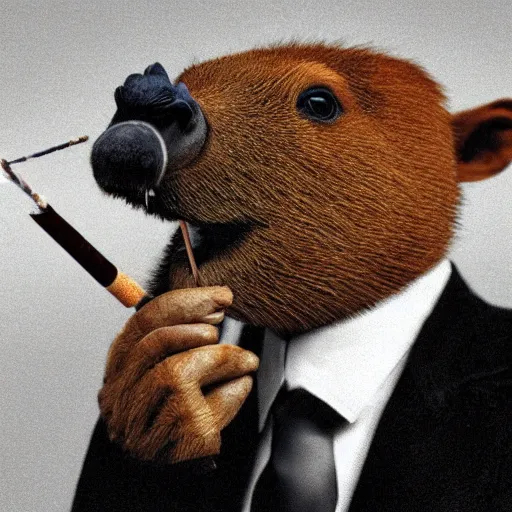 Image similar to a high detail photo of an antropomorphic capybara wearing a suit smoking a cigarrette, subject= duck, subject detail: wearing a suit, subject action: smoking a cigarrette photorealism