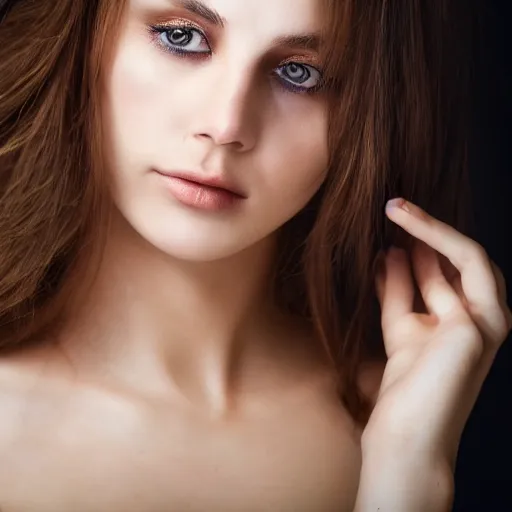 Prompt: photographic Close-up face of a extremely beautiful girl with clear eyes and light brown hair , illuminated by a dramatic light, Low key lighting, light dark, High constrast, dramatic , flash studio, norman rockwell, craig mulins ,dark background, high quality,photo-realistic, 8K,-H 704