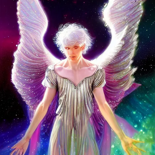 Image similar to harmony of twirly white haired angel yoongi wearing sparkly shiny greek clothes, muted colors, nebula background, neon sparkles everywhere, big wings, dynamic hair movement, + + + + dynamic pose, holographic space, glowing effect, j. c leyendecker, by alan lee, wlop! illustrated by starember, fantasy art by craig mullins