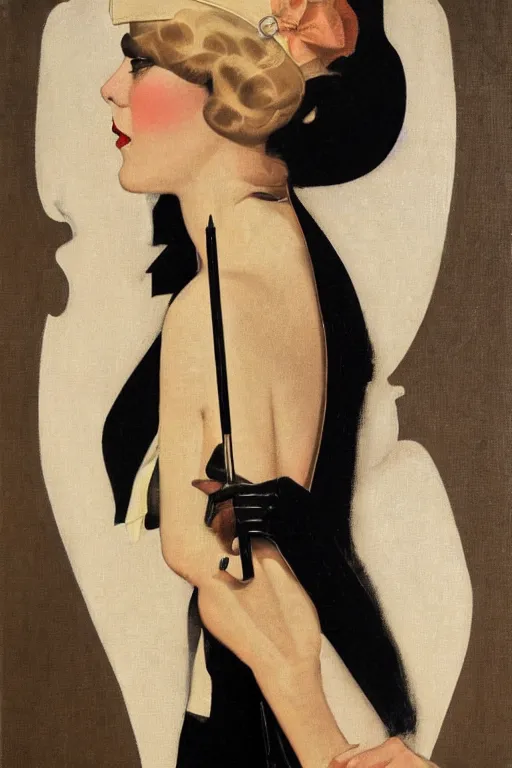 Image similar to a oil painting depicting a Jazz Age high society figure, 1920s style, smooth, highly detailed, high contrast, Coles Phillips, Dean Cornwell, JC Leyendecker, 8K