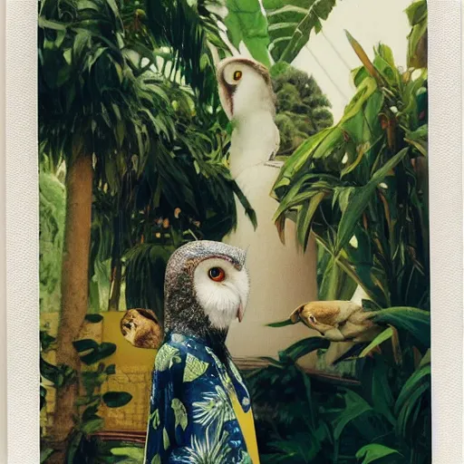 Image similar to head to shoulder portrait Polaroid film photograph of an elegant top model wearing a yellow kimono with a very detailed barn owl on her shoulder!!! in a tropical greenhouse. looking at the camera!!. super resolution. Polaroid 600 film. art by Alessio albi and john william waterhouse and John Singer Sargent and jules lefebres and Cristina Fontsare