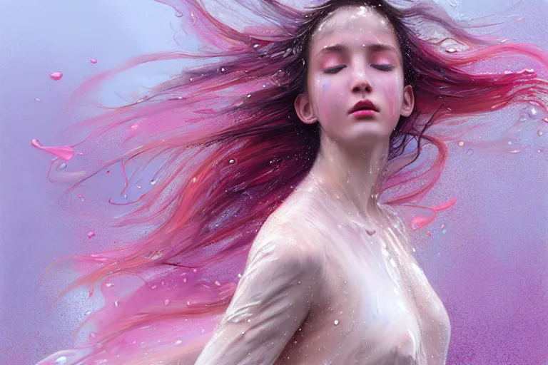 Image similar to girl flying freely in pastel rain with wet hair and face, splash, fantasy, captivating dynamic facial expression, intricate, elegant, dramatic lighting, emotionally evoking symbolic metaphor, highly detailed, lifelike, photorealistic, digital painting, artstation, concept art, smooth, sharp focus, illustration, art by John Collier and Albert Aublet and Krenz Cushart and Artem Demura and Alphonse Mucha