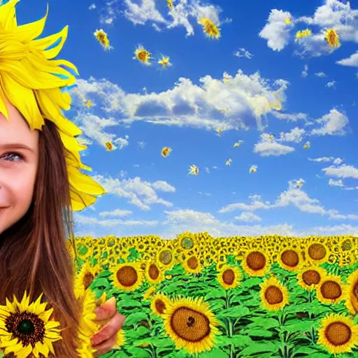 Image similar to Fantasy Map, Illustration of a Ukrainian girl Smiling | Subject Description: Beautiful pretty young, flowers in her dark hair, Scene: Sunflower field, Image Colors: Yellow sunflowers, blue cloudy sky