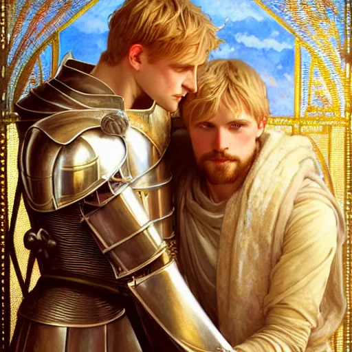 Image similar to attractive arthur pendragon and his favourite attractive male knight, they are in love, camelot, natural lighting, path traced, highly detailed, high quality, digital painting, by gaston bussiere and ross tran and j. c. leyendecker and alphonse mucha