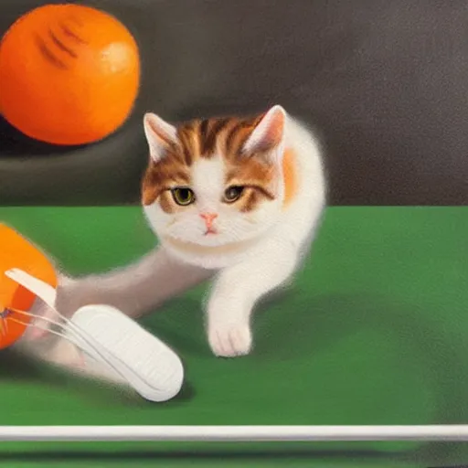Image similar to Deux chats jouent au ping pong sur un fond orange, oil painting
