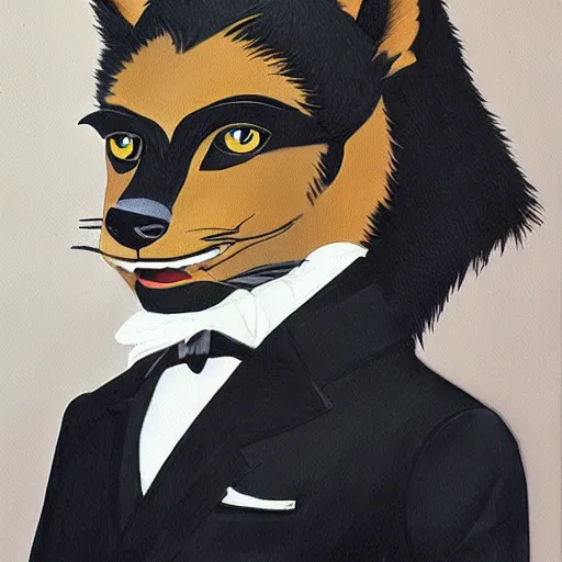 Image similar to male anthro black fox furry fursona with a black mullet in a spanish style tuxedo, 1 9 7 0 s, canvas painted by famous artist jylon denja