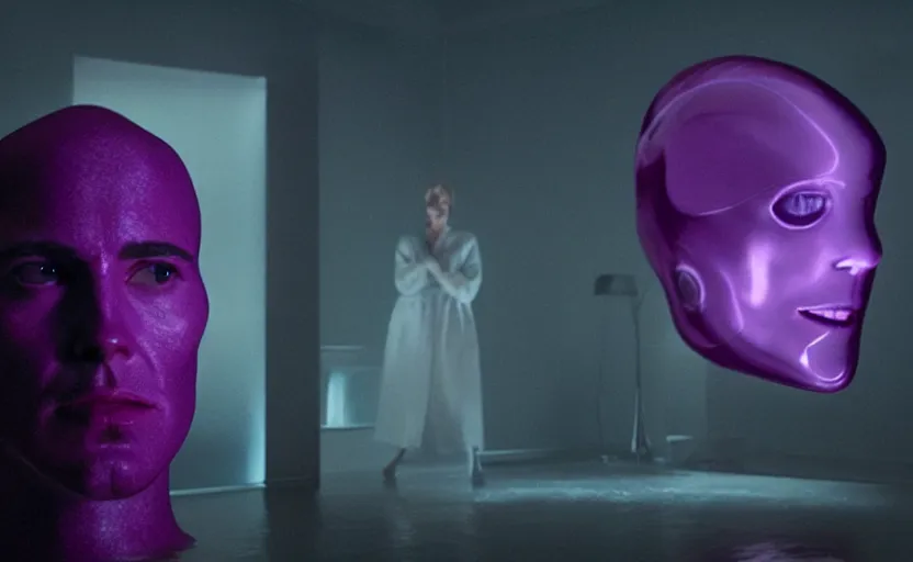 Image similar to cinestill of a giant hand made of purple wax float through the living room film still from the movie directed by denis villeneuve with art direction, pouring rain menacing lights shadows, 8 k, hd, high resolution, 3 5 mm, f / 3 2, ultra realistic faces, ex machina