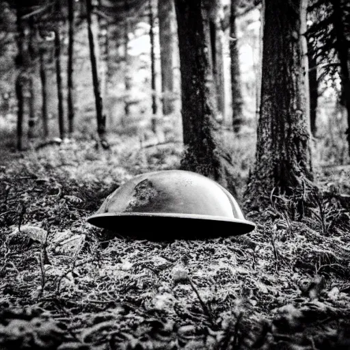 Image similar to a crashed ufo in the forest, black and white photo