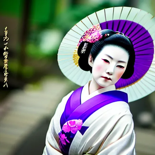 Image similar to Japanese geisha with beautiful violet paper fan, 4k photography, 30 mm lens, cinematic light, warm atmosphere, in style of Kar Wai Wong, fine dust