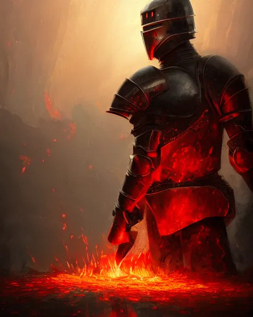 Image similar to Hyper realistic painting of a knight with armor made out of flaming embers, cracks in the armor, reflected light, red lighting, dark fantasy, fog, by greg rutkowski, trending on artstation