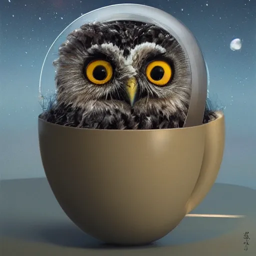 Image similar to long shot of a very cute owl chick nesting in a very futuristic cup, esao andrews, humorous illustration, hyperrealistic, big depth of field, warm colors, night scenery, low light, 3 d octane render, 4 k, conceptart, hyperdetailed, hyperrealistic, trending on artstation