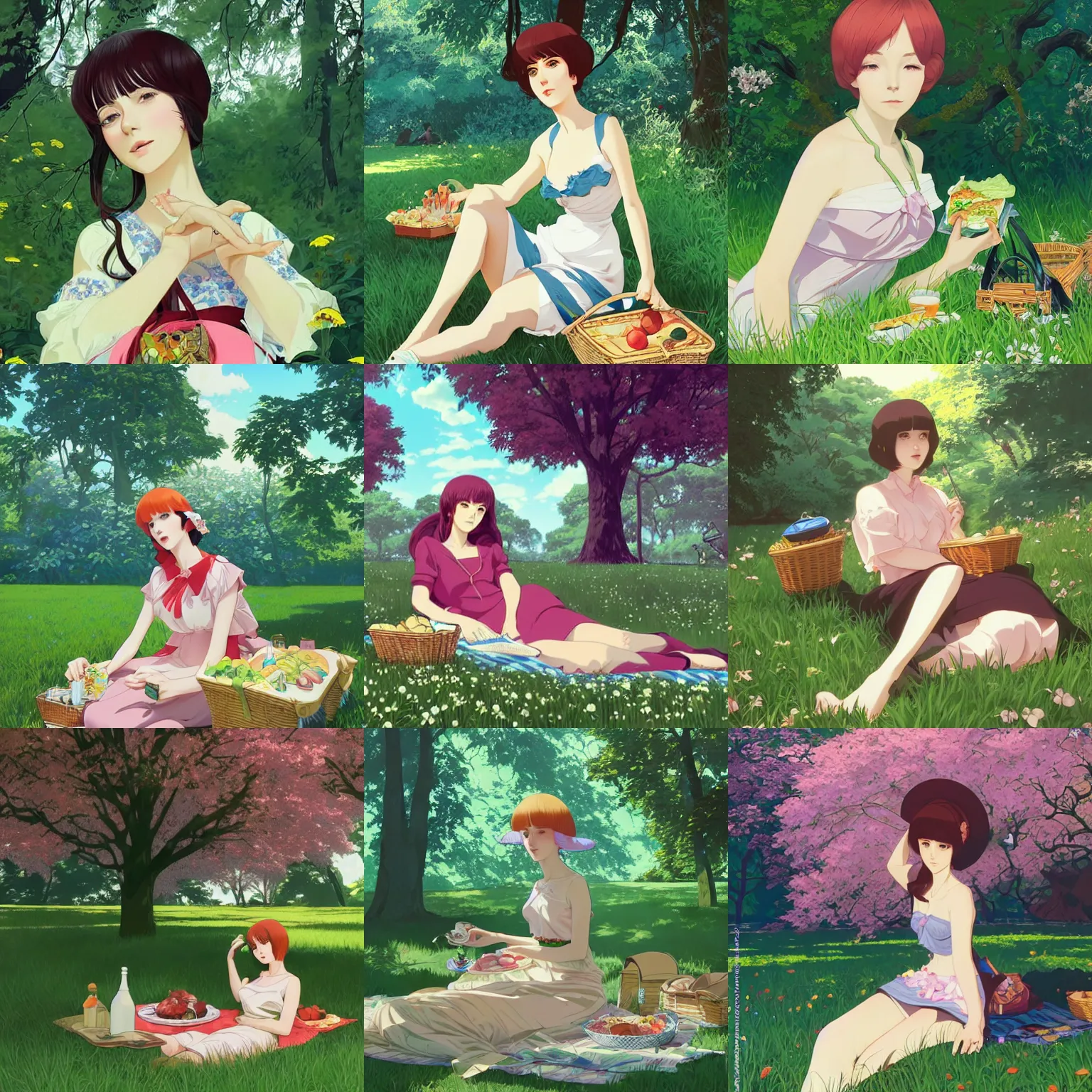 Prompt: portrait of a woman having a picnic in a lush park by ilya kuvshinov, highly detailed, cel shading, digital painting, anime key visual, artwork by hayao miyazaki and alphonse mucha
