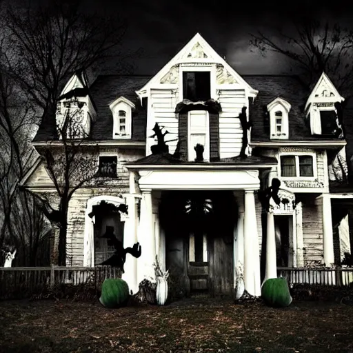 Prompt: A spooky haunted house, with ghosts and ghouls lurking around every corner, in a Halloween style.