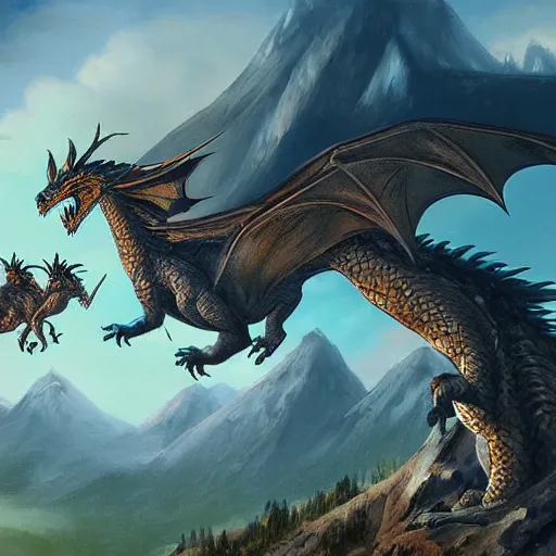 Image similar to dragons circling a tall mountain spire, fantasy art