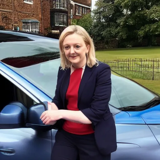 Image similar to liz truss sat in a car looking at a no u turn sign