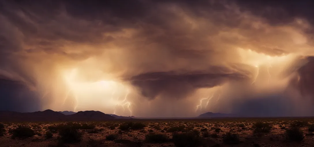 Image similar to a beautiful picture of a dark distant thundercloud lit from below in a desert, intricate detail, impending doom, sunset, serene, volumetric lighting, volumetric clouds, 8 k, hyperrealistic, digital art trending on artstation