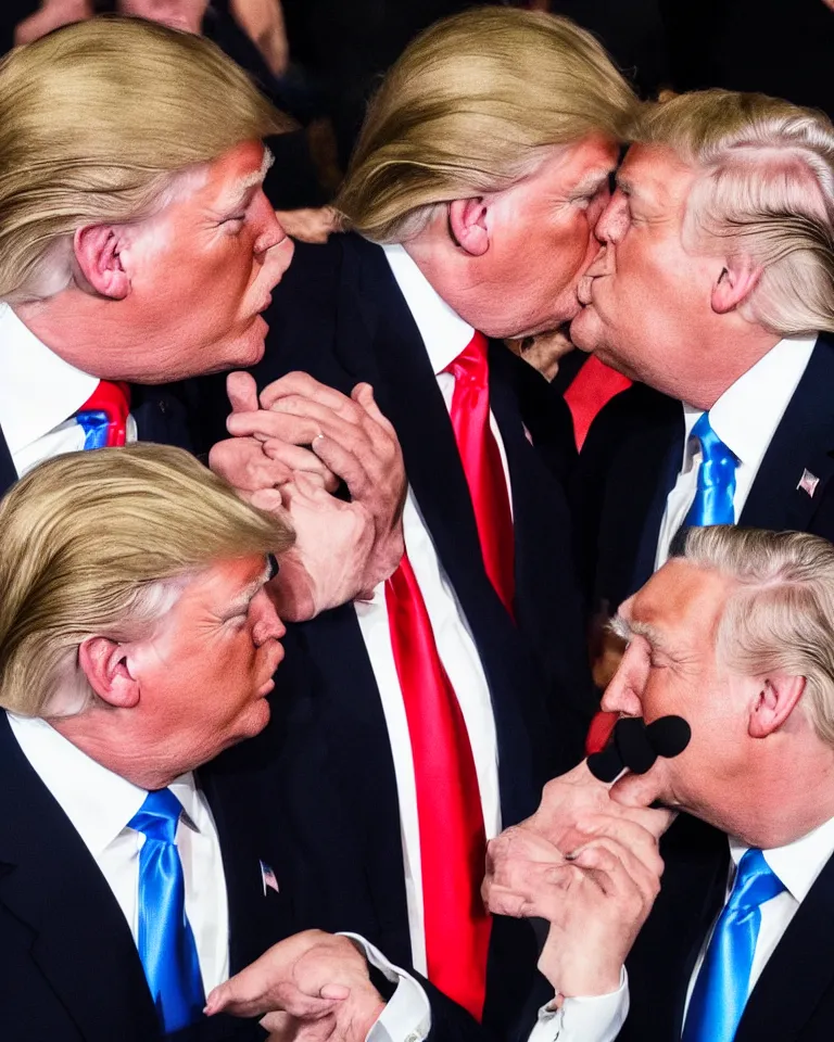 Prompt: high quality photo of a beautiful donald trump kissing donald trump. donald trump kissing donald trump. donald trump kissing donald trump. donald trump and donald trump kissing. award winning. romantic. beautiful hq. hd. brilliant. funny