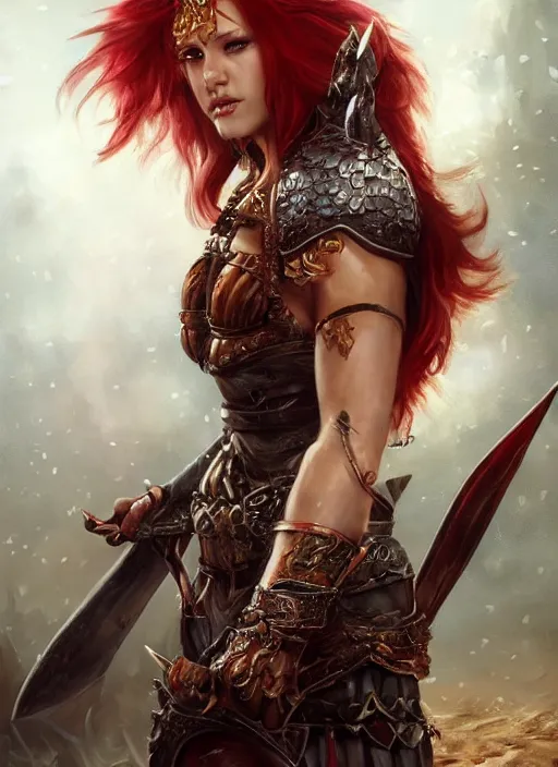 Image similar to a beautiful female warrior, 8 k, hyperrealistic, red hair, dragon slayer, hyperdetailed, fantasy portrait by laura sava