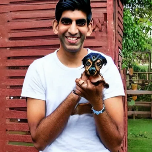 Prompt: rishi sunak holding a dog, photorealistic