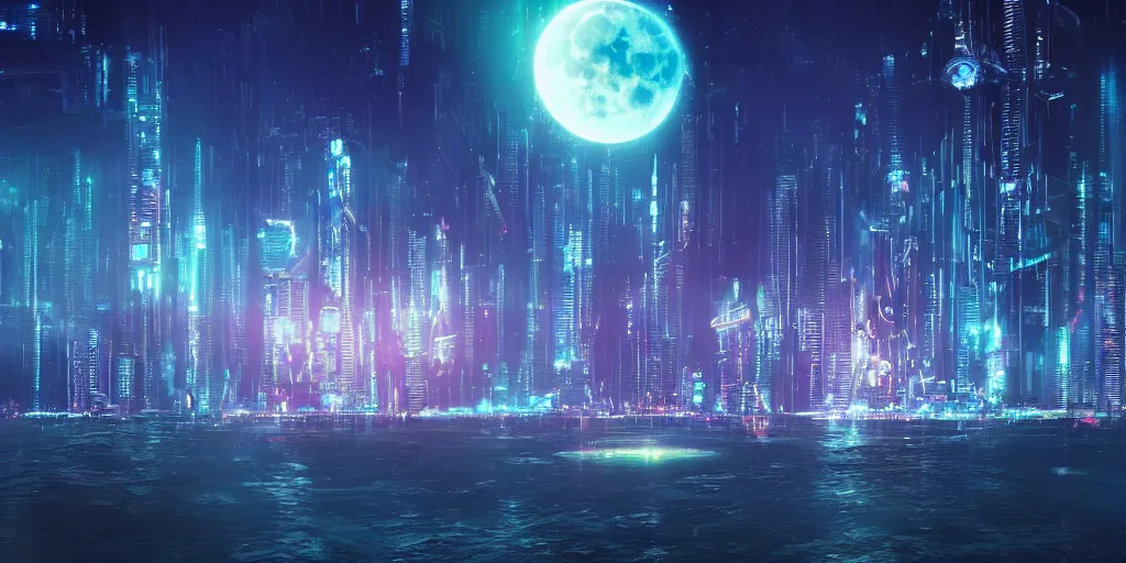 Image similar to futuristic city on the ocean, full moon, stars, photography, cinematic composition, cyberpunk, neon, deep dark colors, moonscape