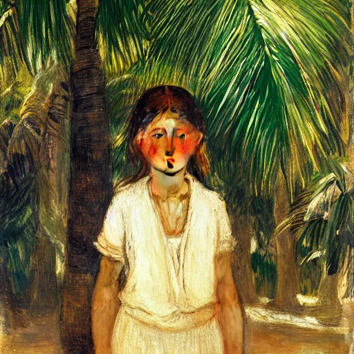 Image similar to a ultradetailed beautiful painting of a girl in amazonas by jules bastien - lepage, hans belmer, frank weston and gustave baumann, trending on artstation, mediterranean, palm trees, light sparkles, sharp focus, soft light