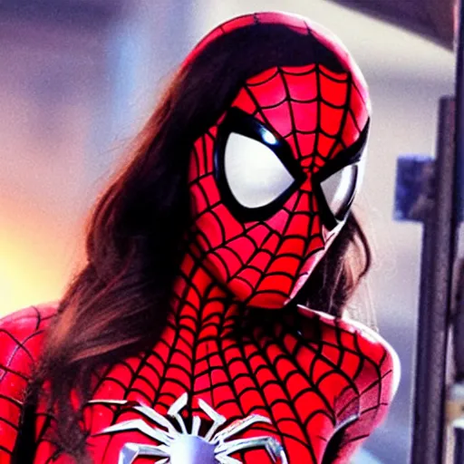 Prompt: film still of megan fox as spiderman, cinematic scene, hollywood standard