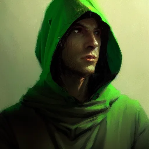 Prompt: portrait of a programmer with green hood by greg rutkowski