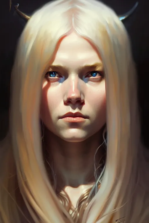 Image similar to Close-up portrait of young nordic girl, long blonde hair, dark fantasy, portrait, highly detailed, digital painting, artstation, concept art, sharp focus, illustration, art by artgerm and greg rutkowski and alphonse mucha