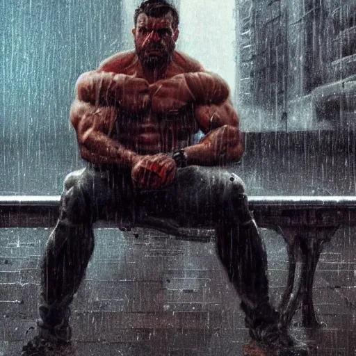 Image similar to a highly detailed portrait of a muscular man sitting on a bench in the rain, digital art, retrowave, cyberpunk, artstation, pixiv, by wlop, greg rutkowski