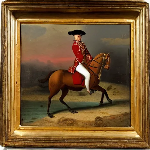 Prompt: a 1 8 th century painting of napoleon riding a horse with sunset in venice