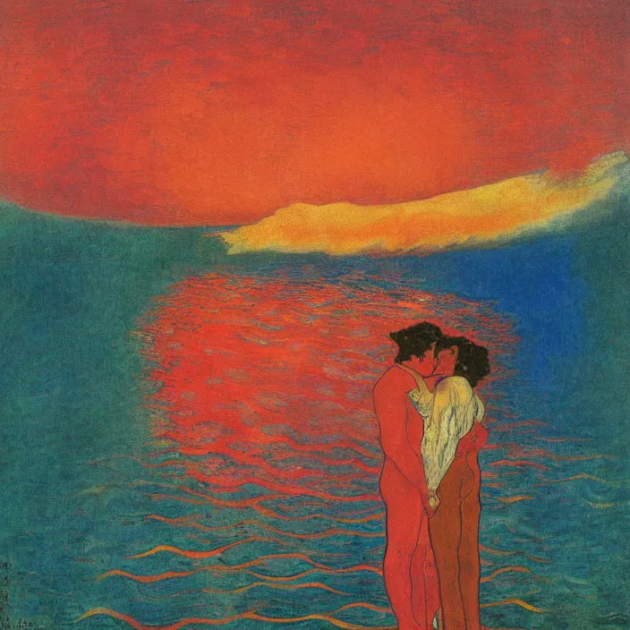 Image similar to close portrait of man kissing woman in the water. tsunami great wave, red sun setting through the storm clouds. iridescent, vivid psychedelic colors. painting by munch, agnes pelton, egon schiele, henri de toulouse - lautrec, utamaro, monet